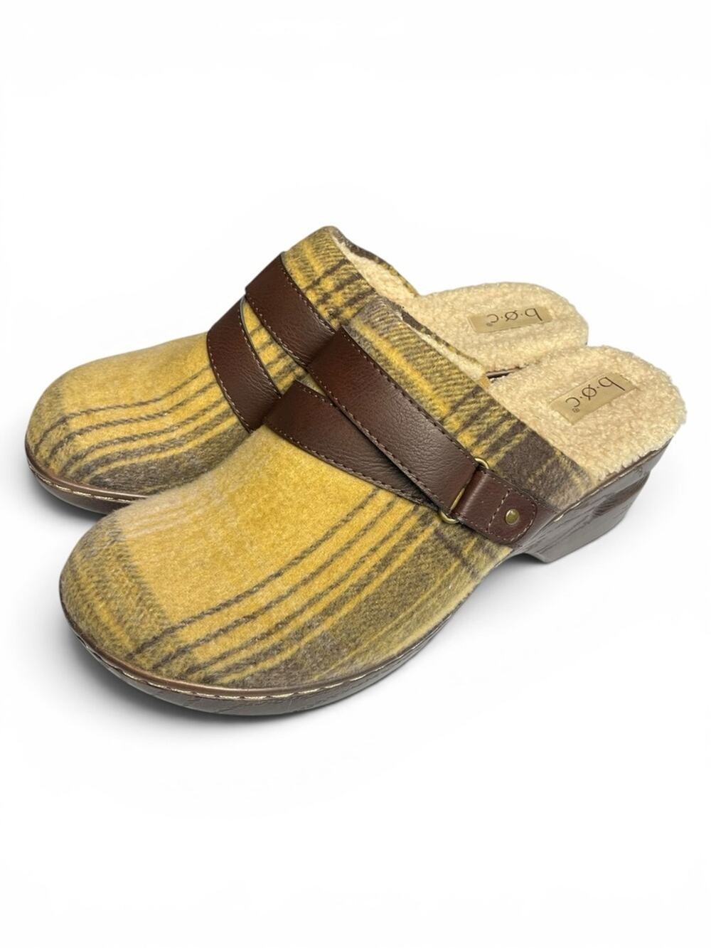 NEW b.o.c. Women's Yellow Plaid wool Slip-On Clog with Brown Strap 9